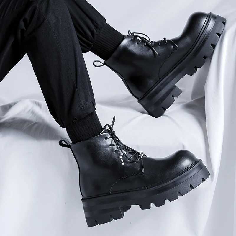 Autumn Men Casual Shoes 7cm Platform Leather Chunky Ankle Boots Outdoor High-top Sneakers Lace-up Comfortable Sport Shoes Size 36-45 W250811