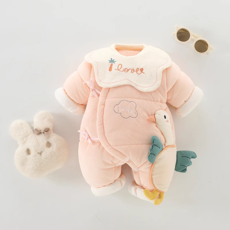 Baby Winter Fleece Thick Cotton Detachable Bib Onesie with Ties