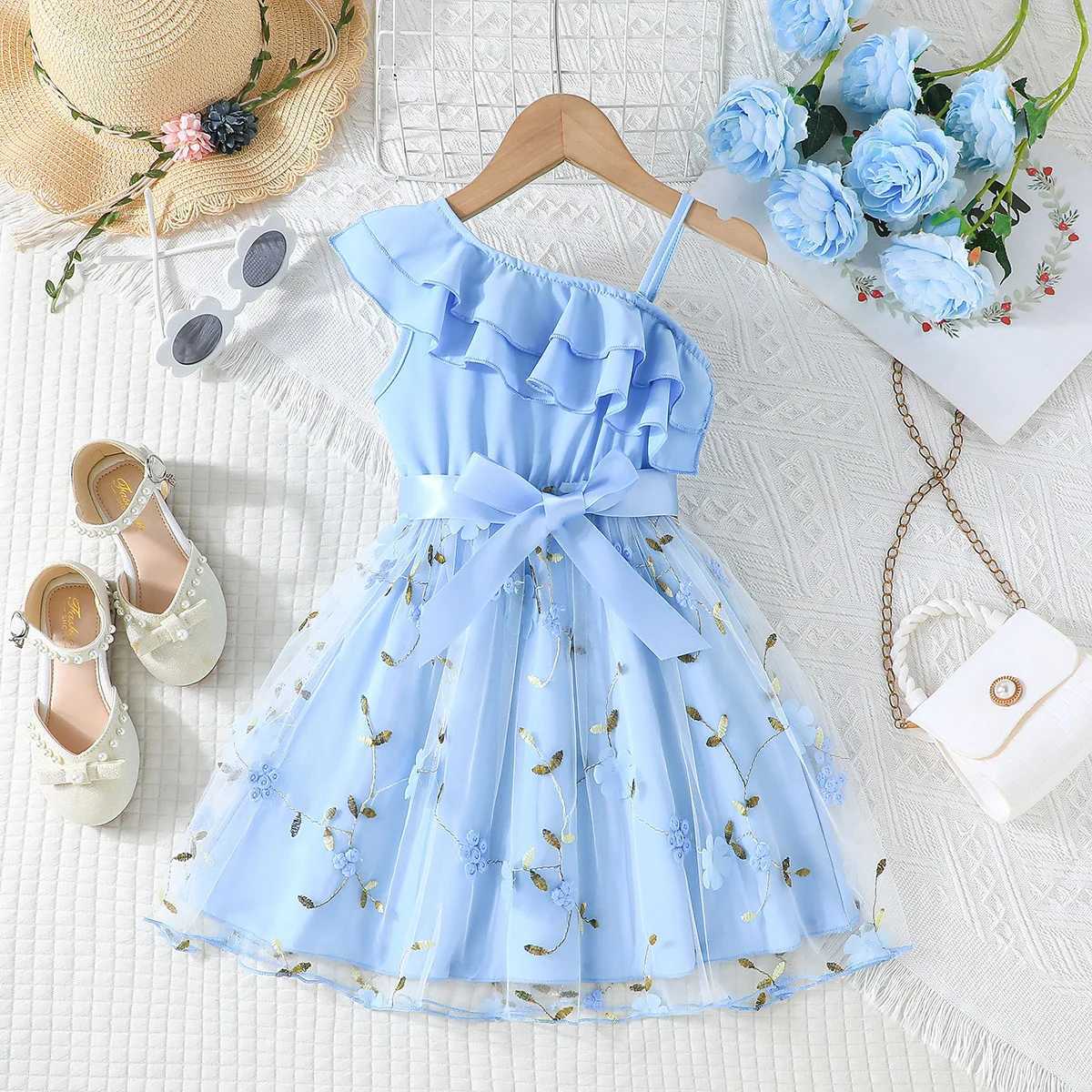 2-7 Years Old Birthday Ruffled Embroidered Sleeveless Floral Princess Dresses Ootd For Baby Girl W250811