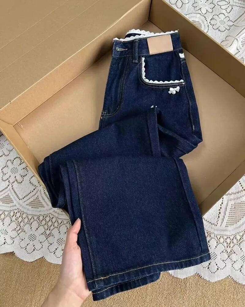Sweet Lace Waist Design Loose Women's Dark Blue Jeans Straight Leg Slimming Elegant Style Casual Fashion Denim Long Pants
