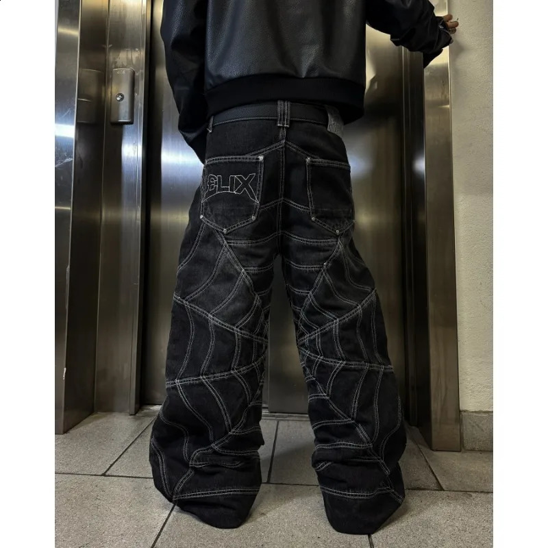 Gothic geometric spider pattern rosted long sleeves high quality baggy wide leg jeans for men niche Y2K versatile street trouser 250804