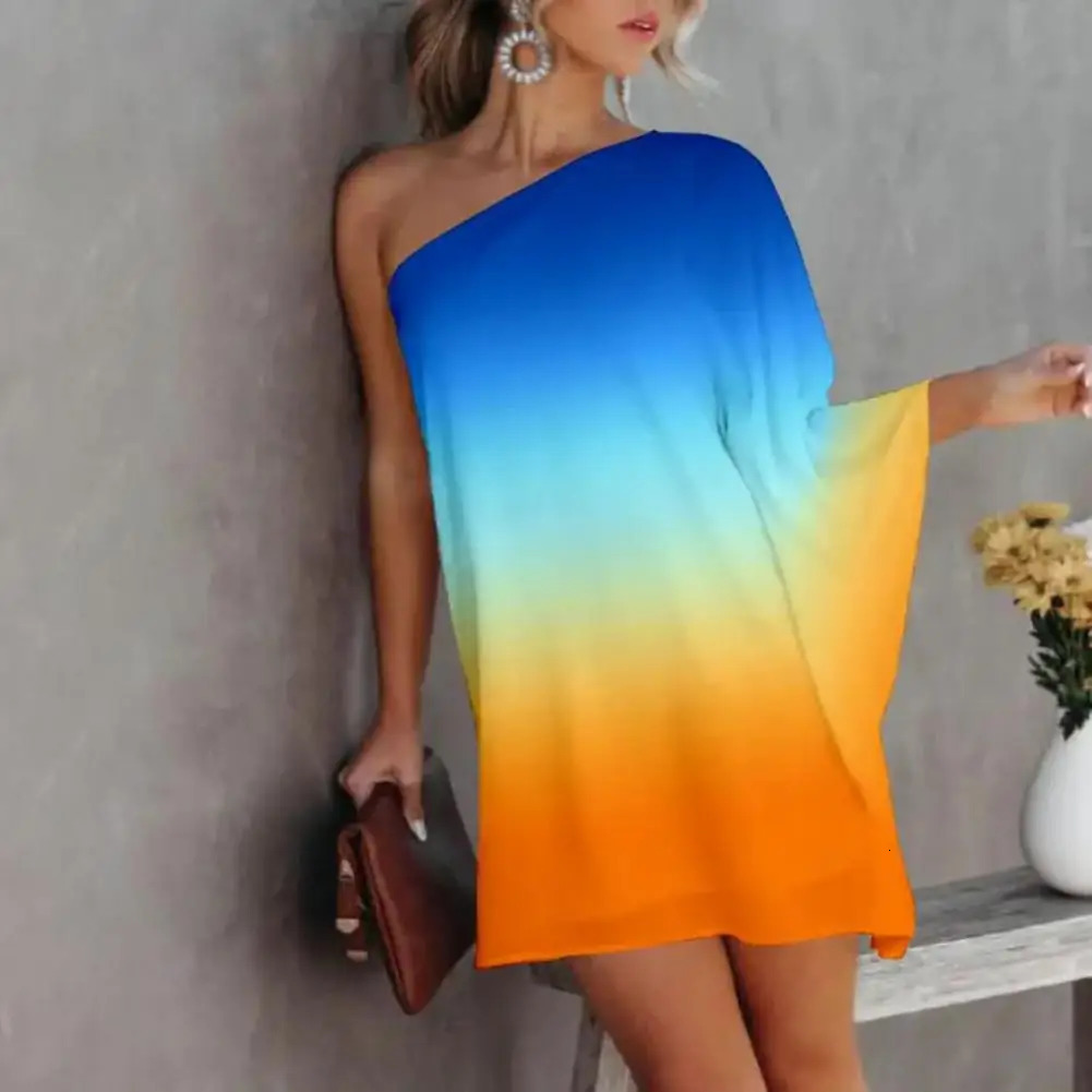 Party Dress Sexy OneShoulder Long Sleeve Halter Loose Irregular Sundress CoverUps Elegant Women Gradient Color Beach 250811