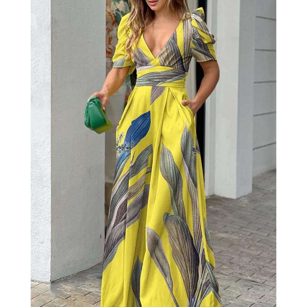 Women's Clothing Spring Fashion Temperament V Neck Waist Short Sleeved Wide Leg Jumpsuit