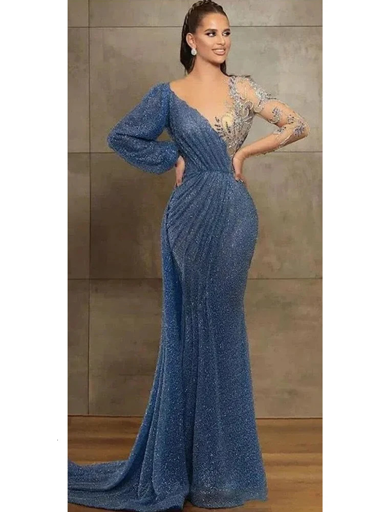 Elegant Womens VNeck Sparkling Evening Dresses Long Sleeve Pleated Lace Applique Princess Prom Gowns Formal Beach Party Fashio 250811