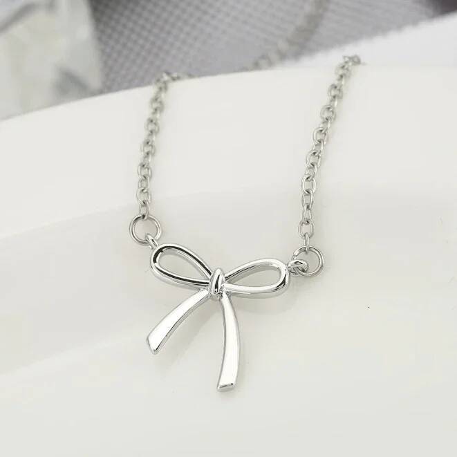 Gold Sier Plated Necklace Cute Bow Pendant Choker Chain Necklaces for Women Jewelry Gift