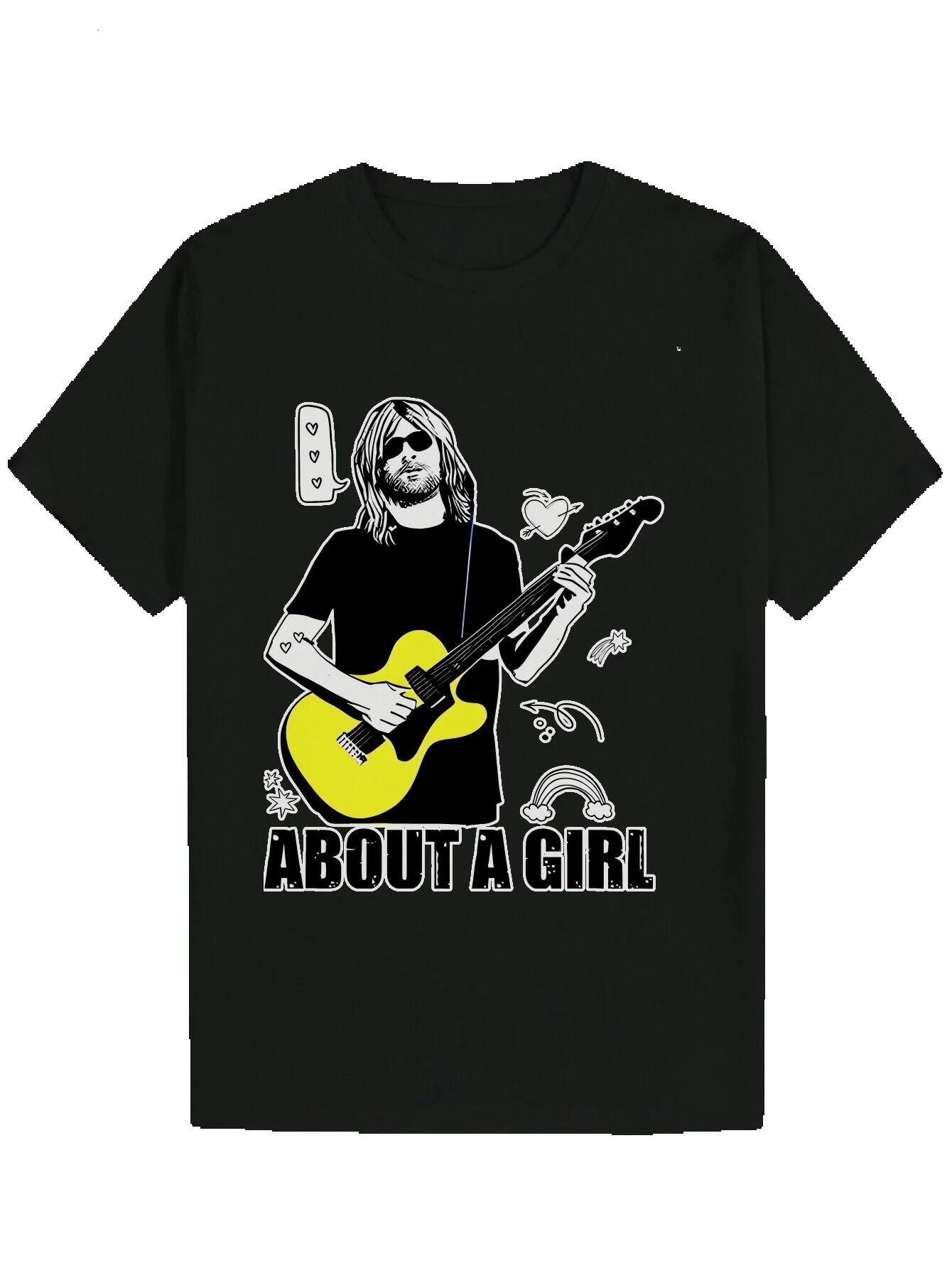 Men's Summer Casual Pattern - Black Music Style Guitarist and "A Girl" Text Design, Breathable Polyester Fiber, Crew Neck, Machine Wash