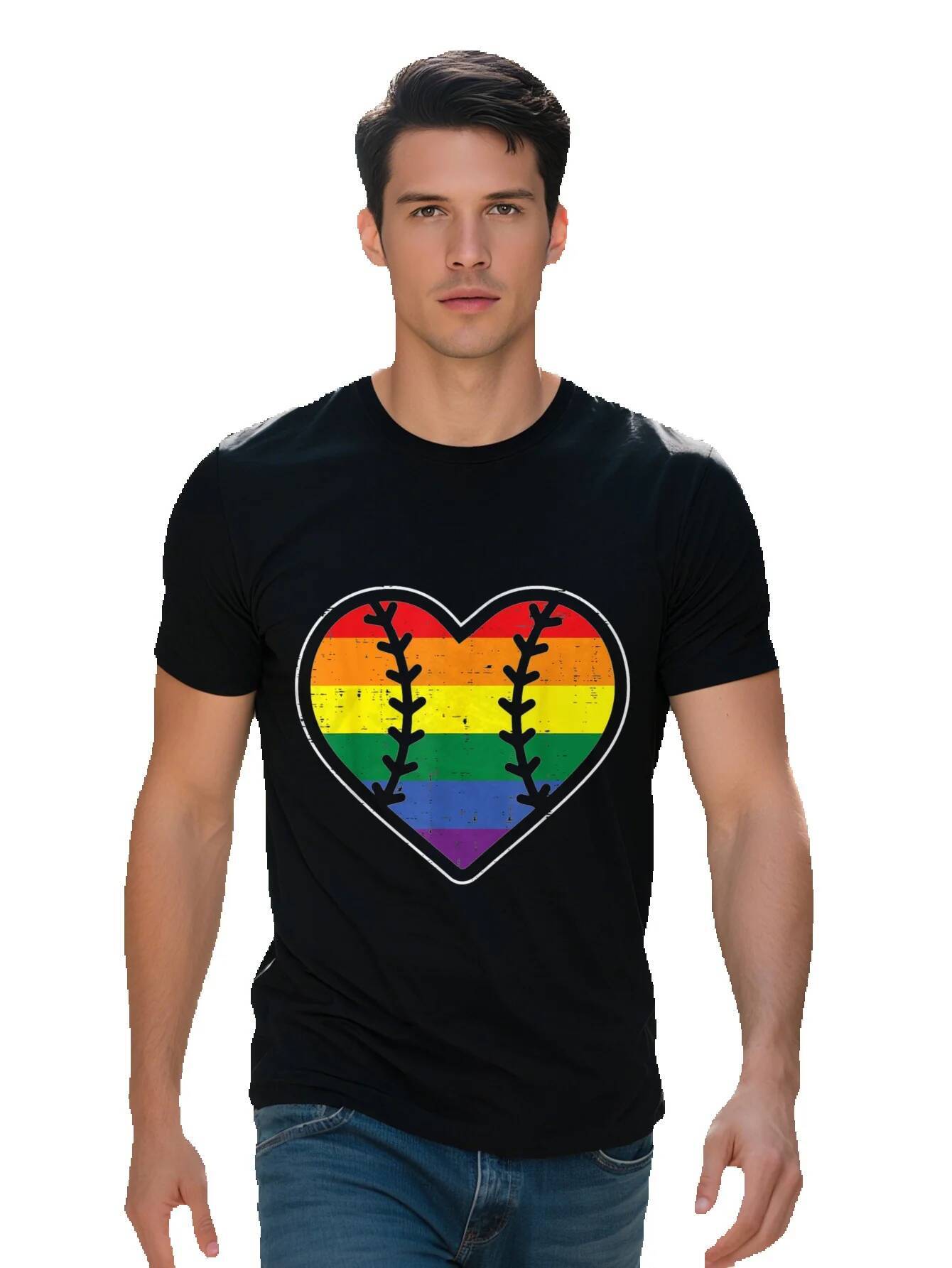 Men s LGBTQ Pride Baseball Heart T Shirt Cotton Rainbow Flag Design Comfortable Short Sleeve Round Neck cc9de 1f50b