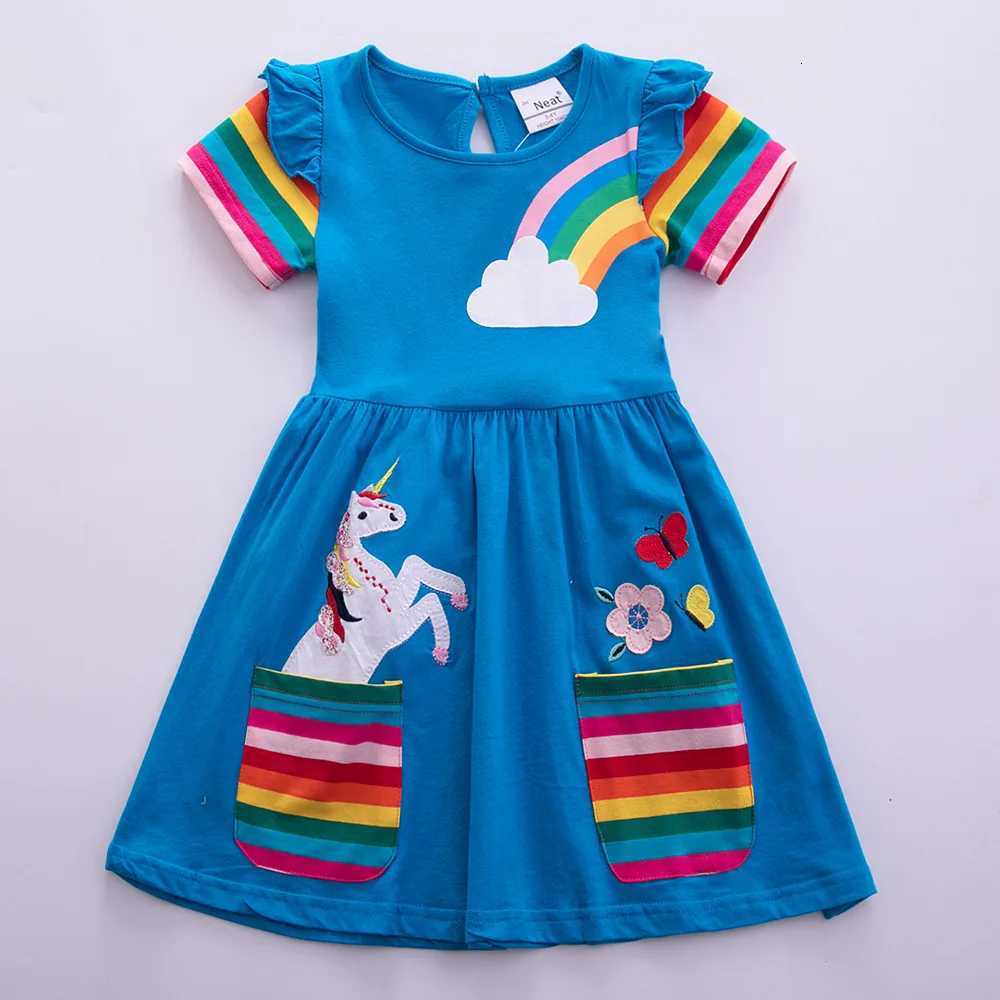 Girls Short Sleeve Unicorn Dress New Summer Embroidered Two Pockets Rainbow Sleeve Childrens SH81035 W250811