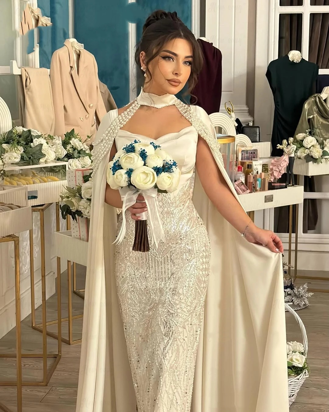 Elegant A Line Women Wedding Dress Halter Sleeveless Wrap Bridal Gowns Pearls Sequins Sweep Train Dress Customized vestidos de novia