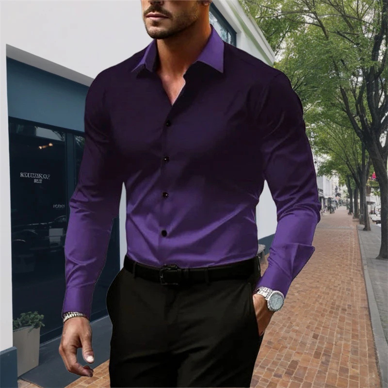 Mens Long Sleeve Men's long shirt with gradient color digital print casual slim lapel long-sleeved shirt thin men's shirt European code: S-3