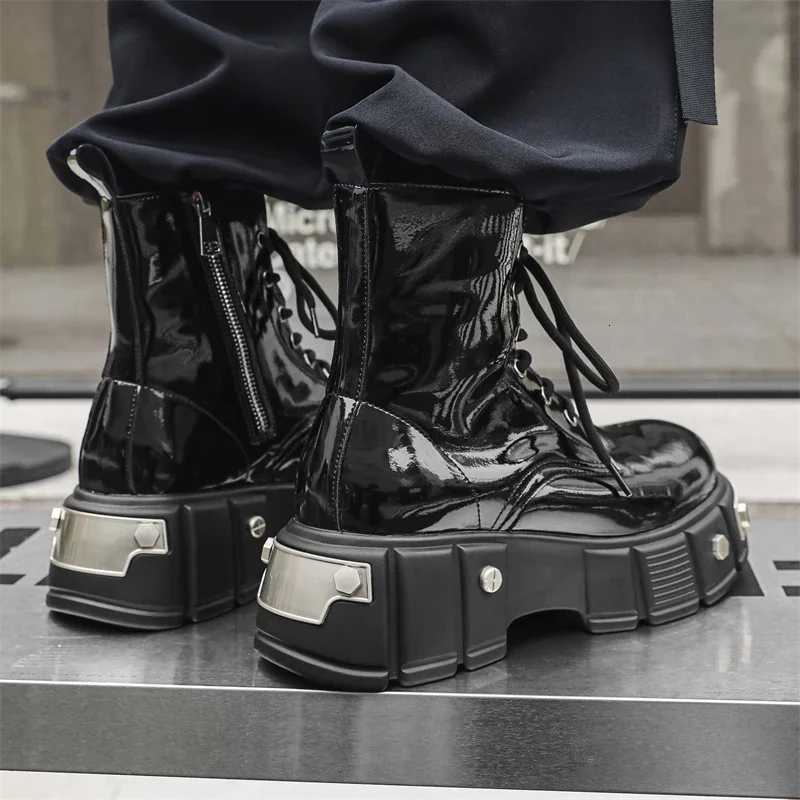 Autumn Men Platform Boots Patent Leather Casual Ankle Boots Metal Male Chunky Sole Flats Sneakers British Party Dress Shoes Size 46 W250811