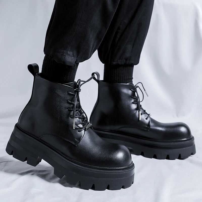 Autumn Men Casual Shoes 7cm Platform Leather Chunky Ankle Boots Outdoor High-top Sneakers Lace-up Comfortable Sport Shoes Size 36-45 W250811