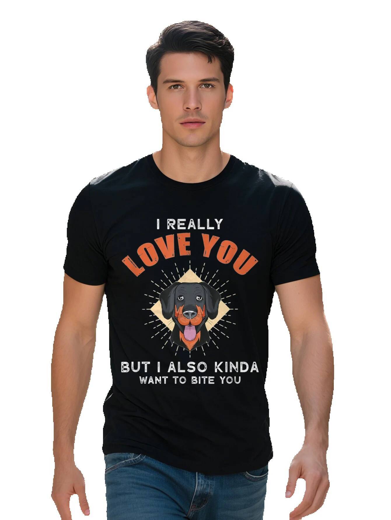 Men s Cotton T Shirt with Humorous I Really Love But Also Kinda Want to Bite You Dog Design Casual Breathable 582ef
