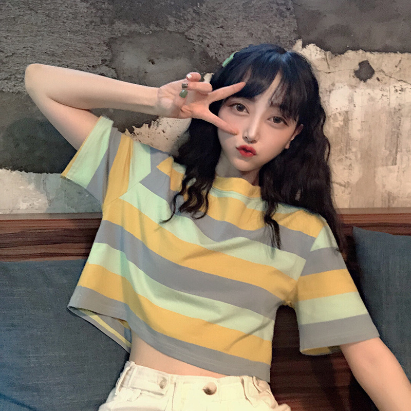 Cross-Border Foreign Trade Summer New Korean Version Loose Rainbow Striped Short Sleeve T-Shirt for Female Students Short Cropped Top Trendy