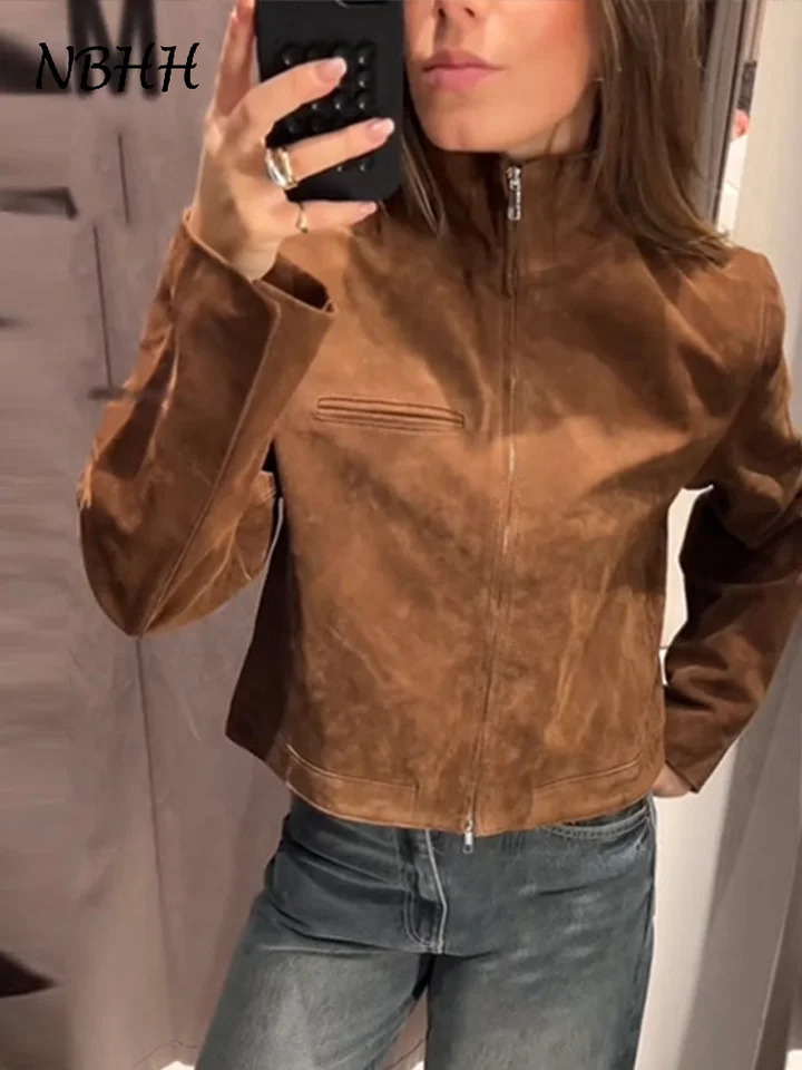 2025 Autumn Winter Short Suede Jackets Women Brown Stand Collar Zipper Long Sleeve Female Coats Fashion Street Y2k Lady Outwears 250811