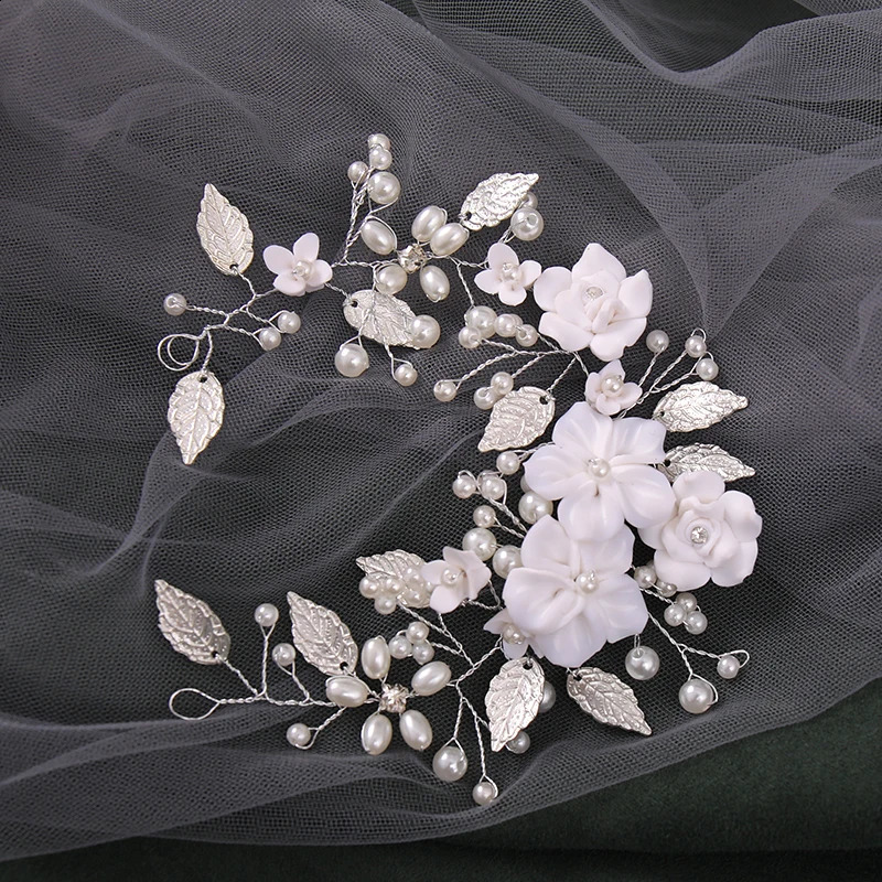 Bride Ceramic Flowers Wedding Headband with Crystal Pearls Bridal Hairband Womens Hairpin Stylish Headpiece Hair Jewelry Access 250804