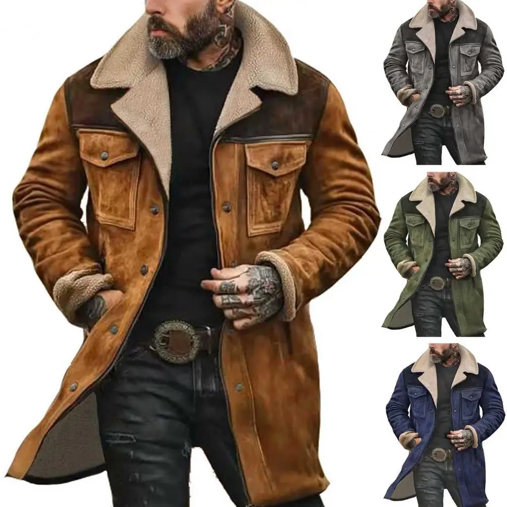 Fashion Men Jacket Large Plush Lapel Long Sleeve Vintage Suede with Pockets Zipper Up Midlength Motorcycle Coat 250811