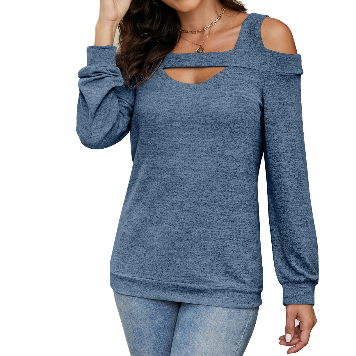 2025 Off-Shoulder Hollow Out Round Neck Solid Color Long Sleeve Loose Top Women's T-Shirt