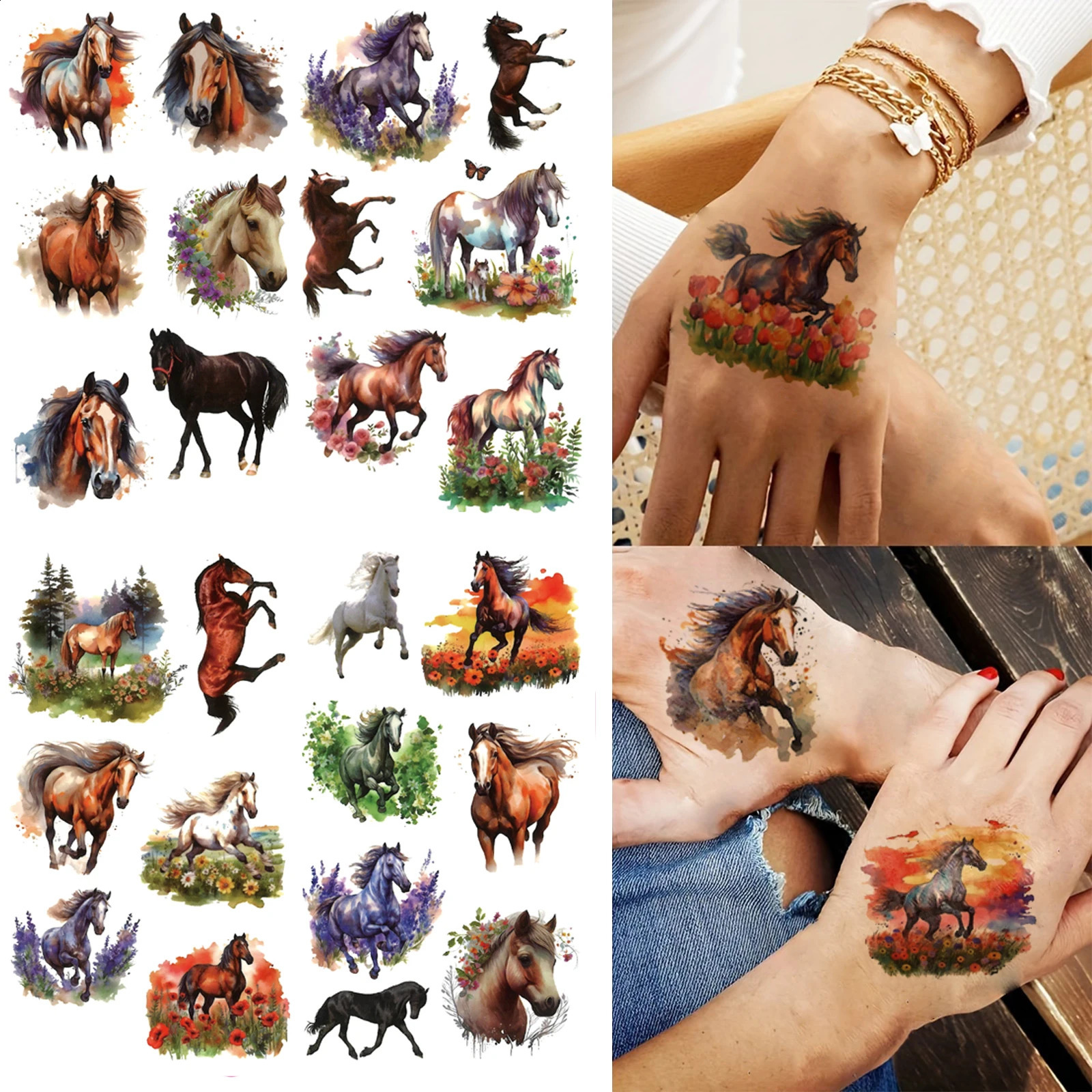 10 Sheets Temporary Horse Tattoos Stickers Birthday Themed Party Supplies Decorated with Tattoo 250809