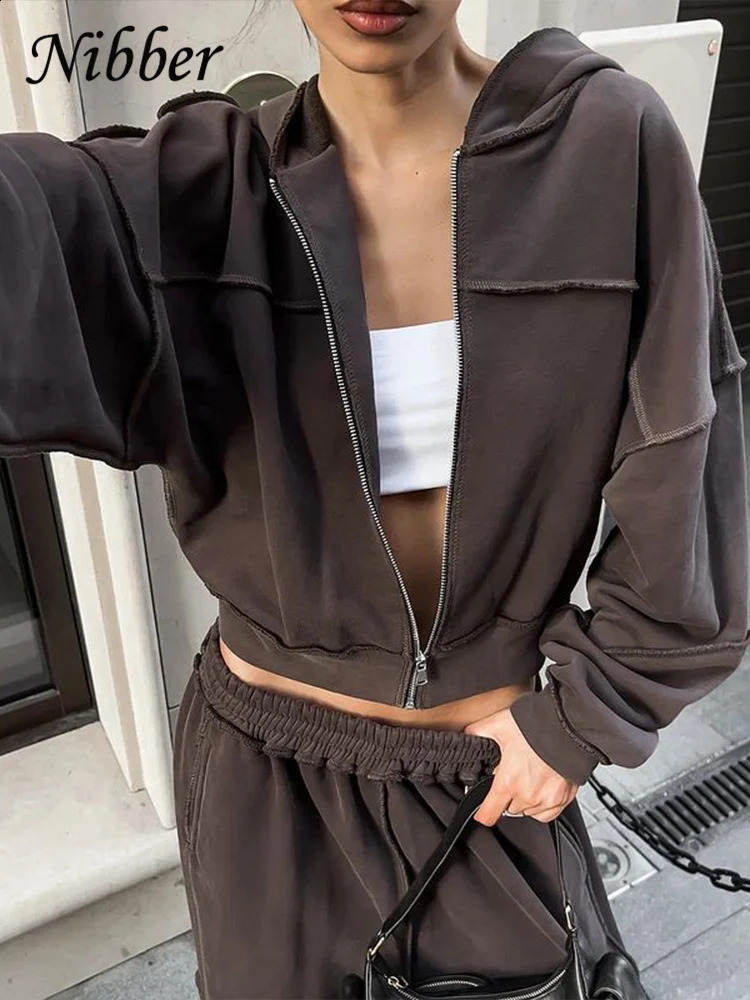 Nibber Casual Tracksuit Women 2 Piece Set Panelled Stripes Sporty Simple Hipster Hooded Zip JacketWide Pants Matching Suits 250806