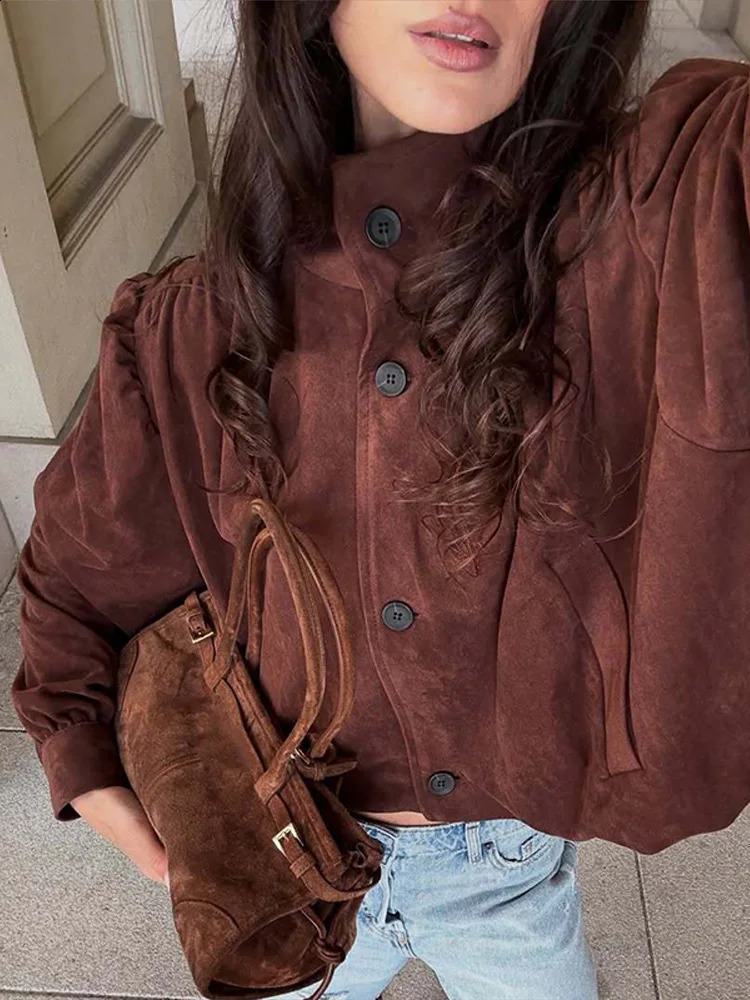Fall Womens Suede Coat Fashion Long Sleeve Stand Collar Button Pleated Lady Jackets Autumn Casual Female Street Outwear 250804