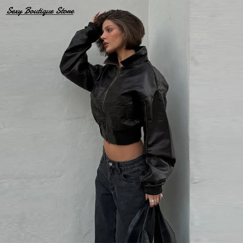 Vintage Women Leather Jacket For Women Slim Waist Lapel Long Sleeve Coat Zipper Y2k Short Streetwears 2025 Lady Outwears 250811