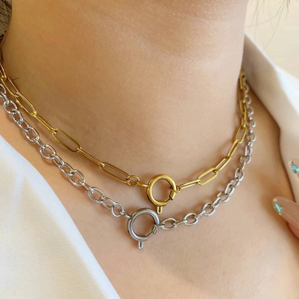 Fashion Cuban/Paperclip Chain Necklace Women Stainless Steel Mix Open Circle Spring Snap Clasp for DIY Jewelry Pendant