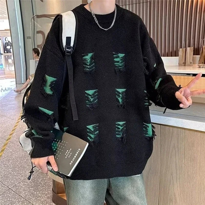 Ripped Crewneck Sweater For Men High Street Patchwork Knitted Jumpers Y2K Vintage Christmas Knitwear Pullovers 250805