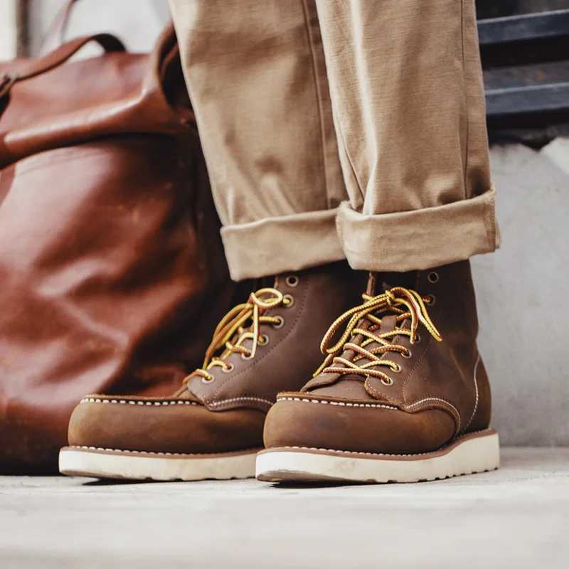 875 Vintage Ankle Boots Genuine Crazy Horse Leather Round Toe Durable High-Top Lace-Up Boots for Winter Fall Work Shoes W250811