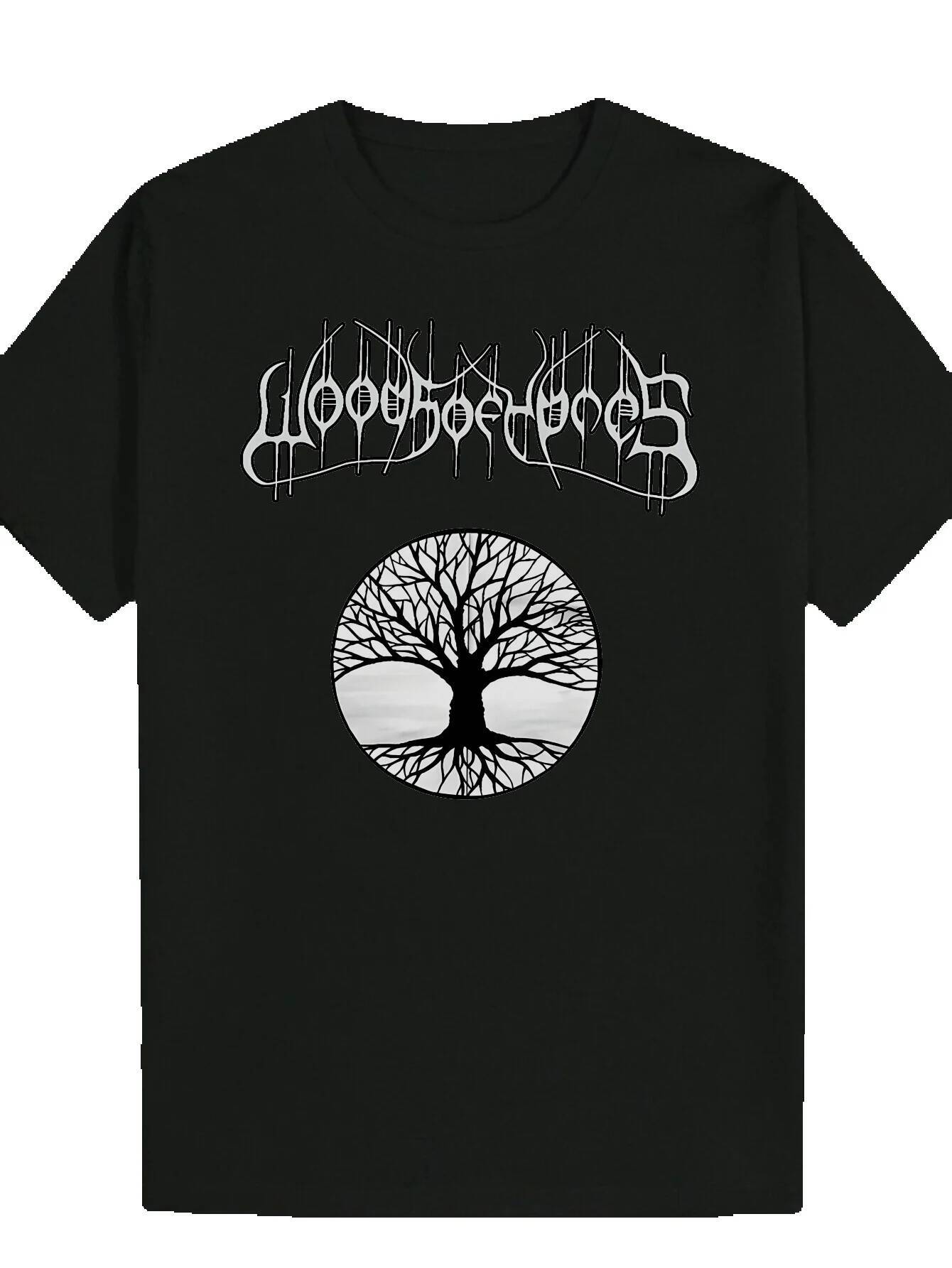 Men's Black Graphic T-Shirt with Gothic Font and Tree Design - Breathable Polyester Summer T-Shirt, Regular Crew Neck, Machine Washable, Artistic