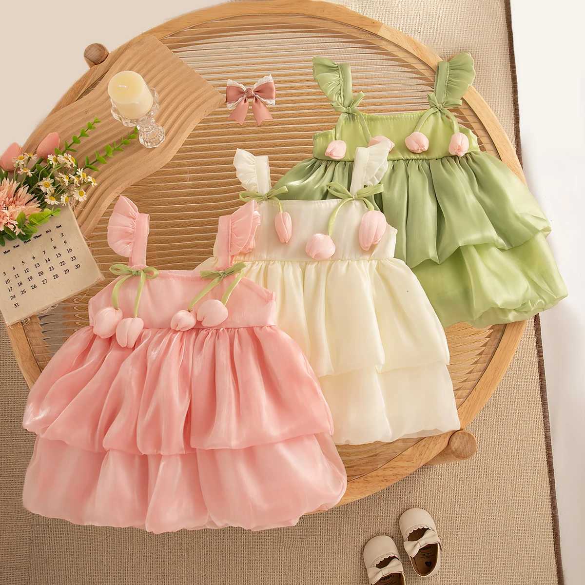 Baby Girl Clothes Summer Tulip Pattern Solid Color Halter Puffy Girls Dress Cute Casual Princess Dress for Baby Girl W250811