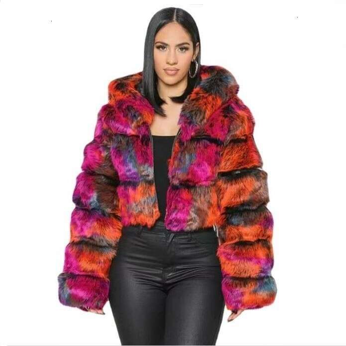 New autumn and winter artificial fur warm hooded short zipper women's coat