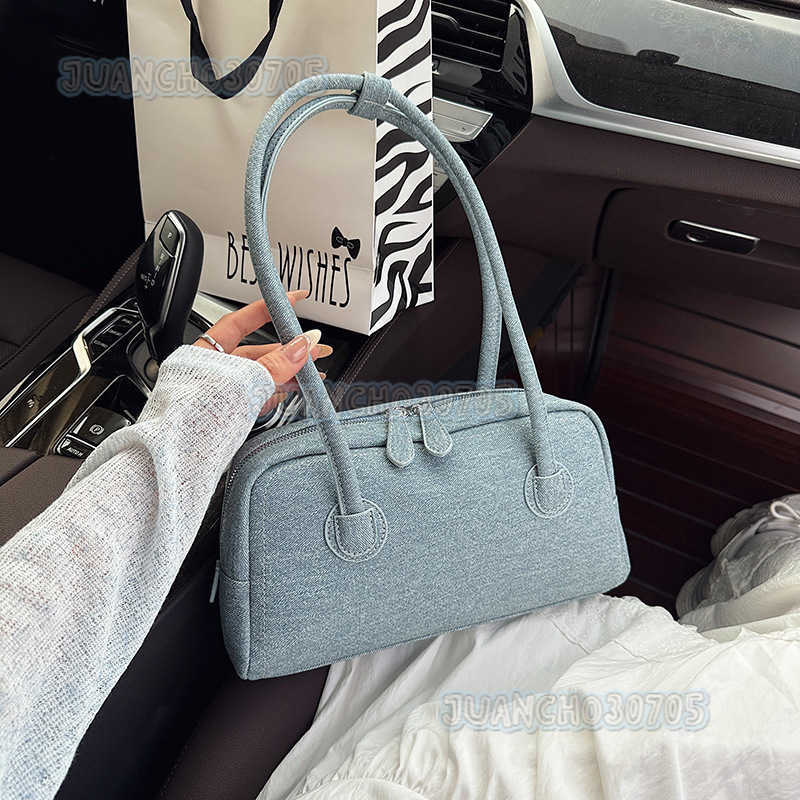 2025 Summer New Denim Solid Color Boston Bag Large Capacity Textured Commuter Shoulder Pillow Bag H250809