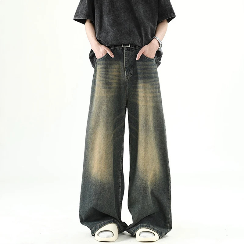 Men Denim Pants Old Blue Washed Male Jeans Straight Casual Menwear Loose Wide Leg Trousers Fashion Korean High Street Denim 250805
