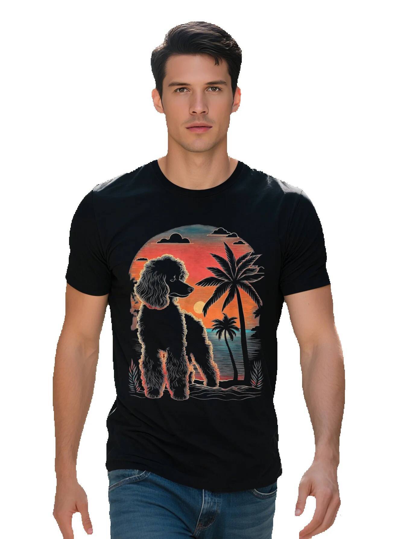 Men Vintage s Poodle Sunset T Shirt Cotton Retro Style Graphic Tee with Scene Black Casual Short Sleeve for 4c383 49c20