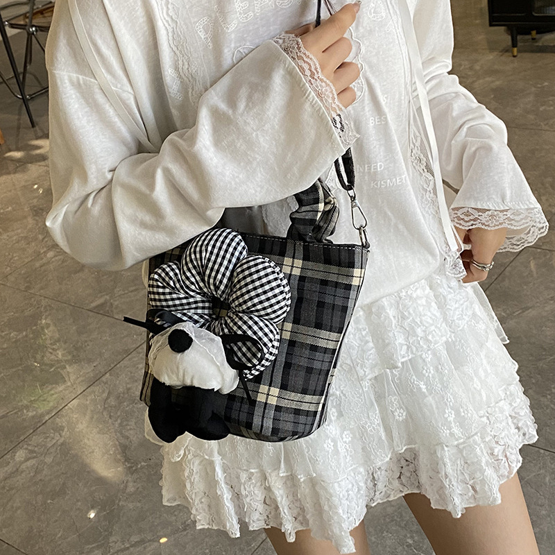 Korean Style High-End Simple Canvas Tote for Women 2025 Summer New Red Plaid Crossbody Bucket Bag ddmymoon