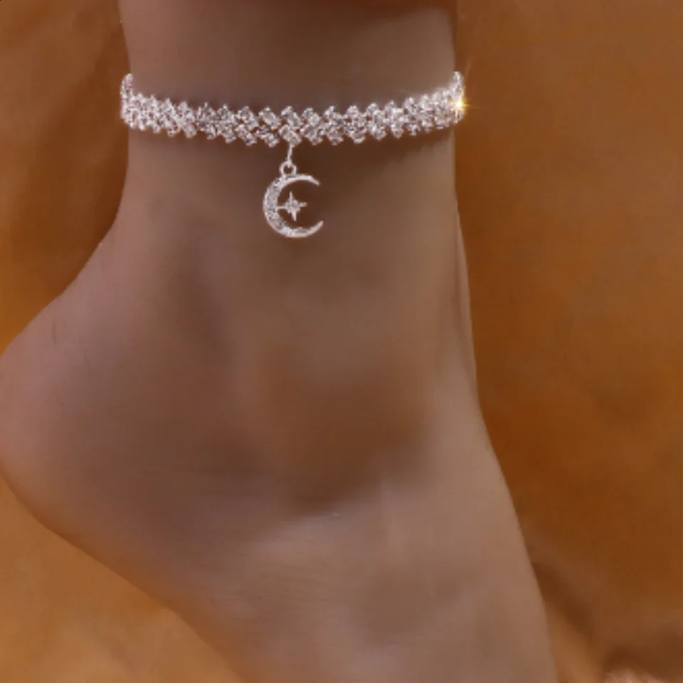 Bling Crystal Moon Anklets Stars Pendant Women Party Gift Summer Stylish Rhinestone Anklet Chain Foot Bracelet Beach Jewelry 250807