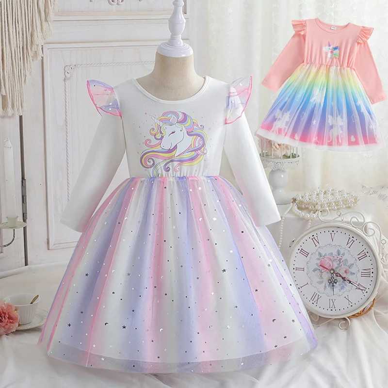 2025 New Princess Dress Unicorn Girls Dress Spring Kids Clothes Birthday Party Dress Long-sleeved for Children Rainbow 2-8Y W250811