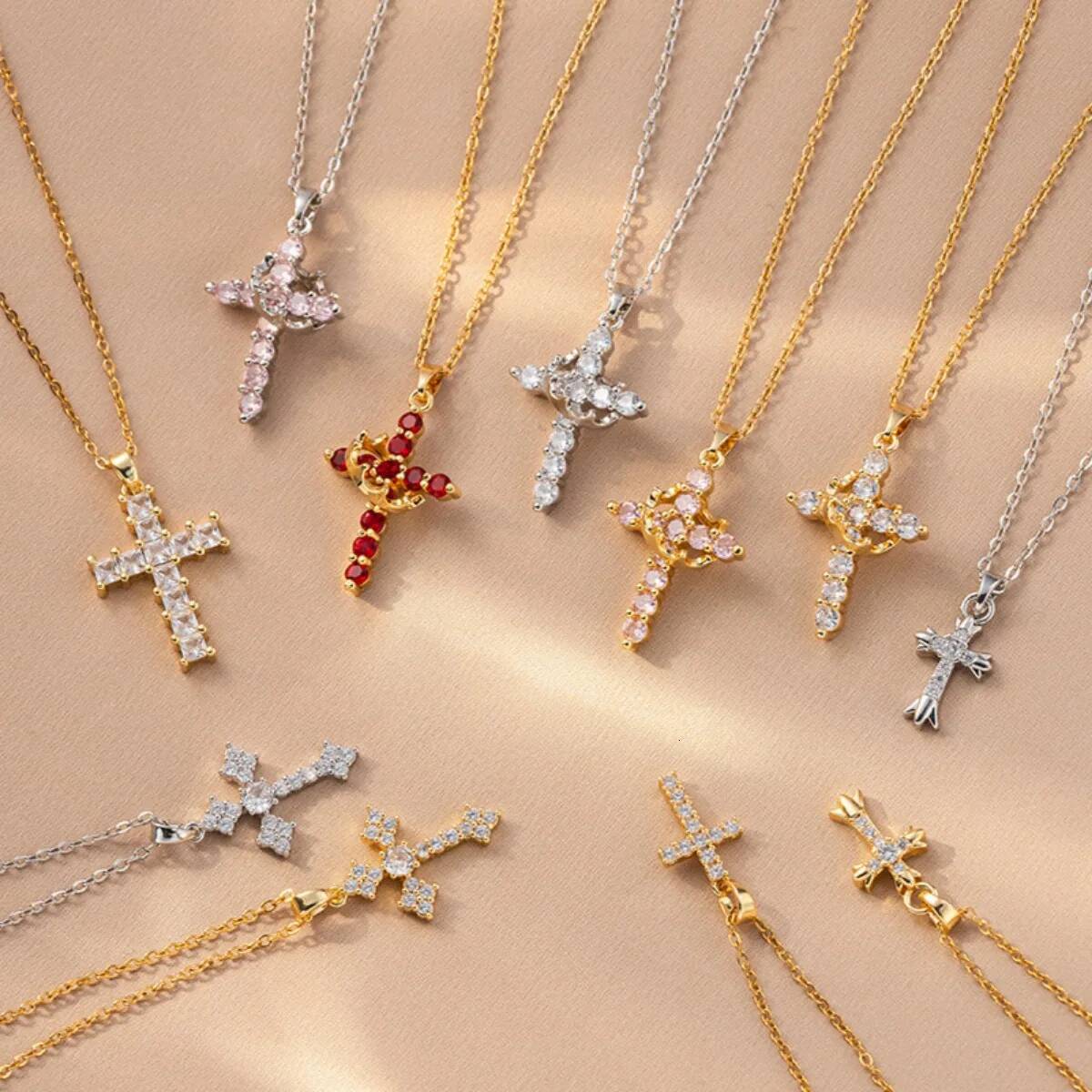 Stainless Steel Chain Fashion Zircon Pendant Necklaces for Women Men Cool Gold Sier Color Cross Jewelry Gifts
