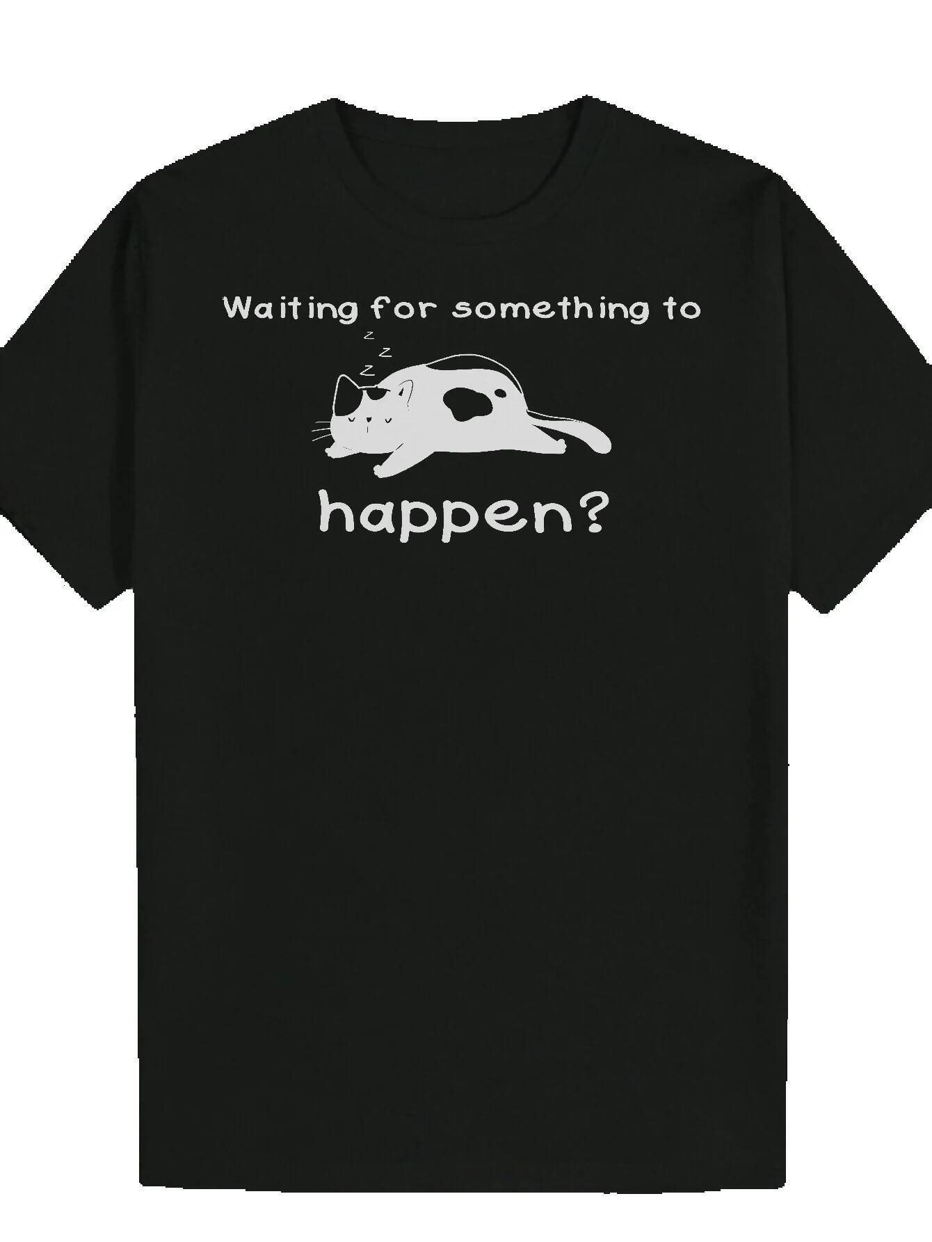 Men's Summer T-Shirt with "Waiting Something to Happen?" Pattern - Round Neck, Polyester Fiber, Regular Fit, Playful Pattern, Perfect f