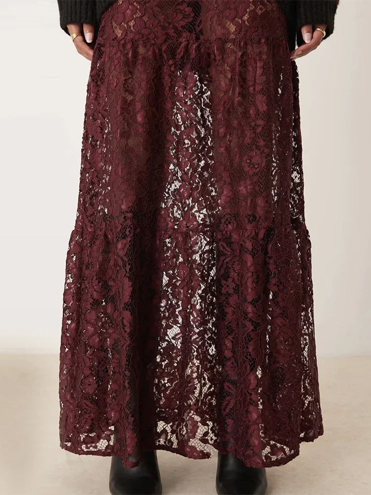 Trendix See Through Lace Skirts Women High Waist Street Fashion Loose Hollow Out Long Skirt Party Sexy Patchwork Clubwear 250811