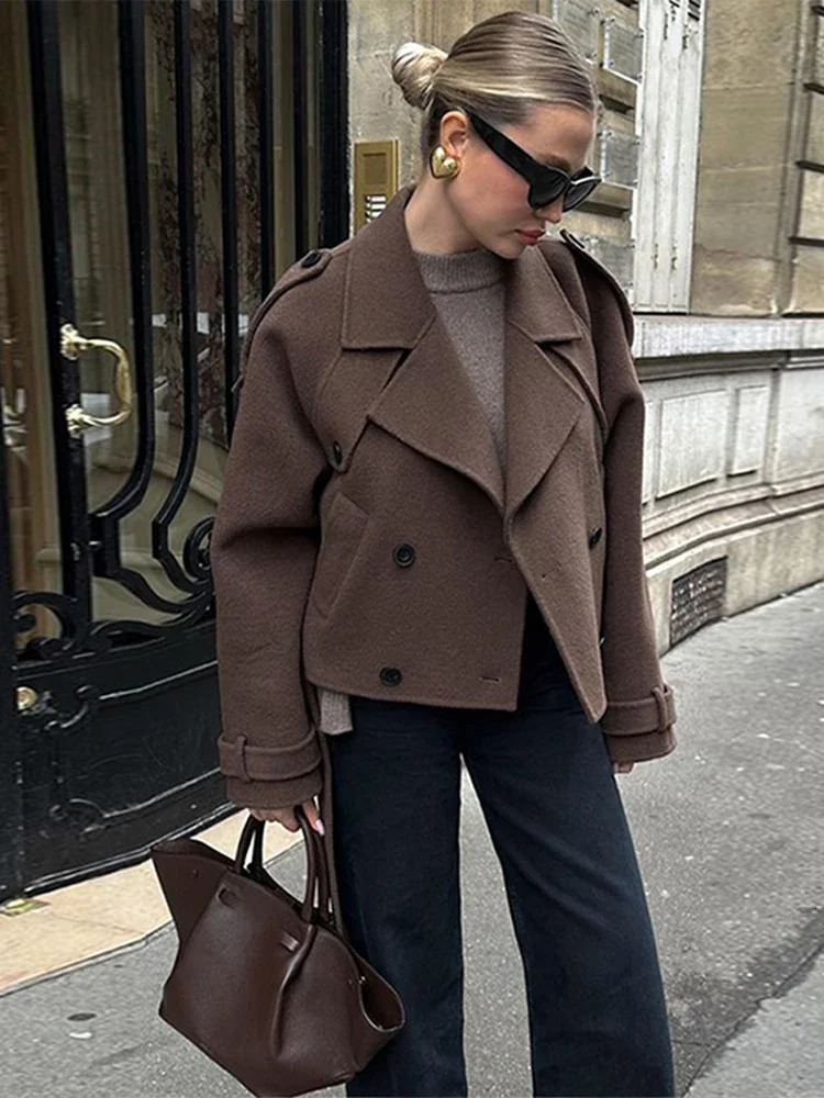 Fashion Womens Solid Double Breasted Wool Coat Lapel Short Blazer Jacket Pockets Long Sleeve Chic Spring Autumn Warm Outerwear 250809