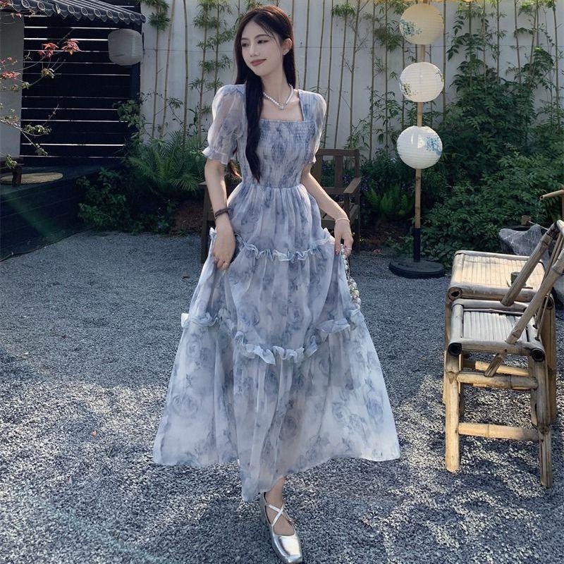 2025 Summer New Women's Retro Square Neck Women's trend Flower Dress Summer New Super Fairy Mori Style Slimming Ruffle Long Dress New Design
