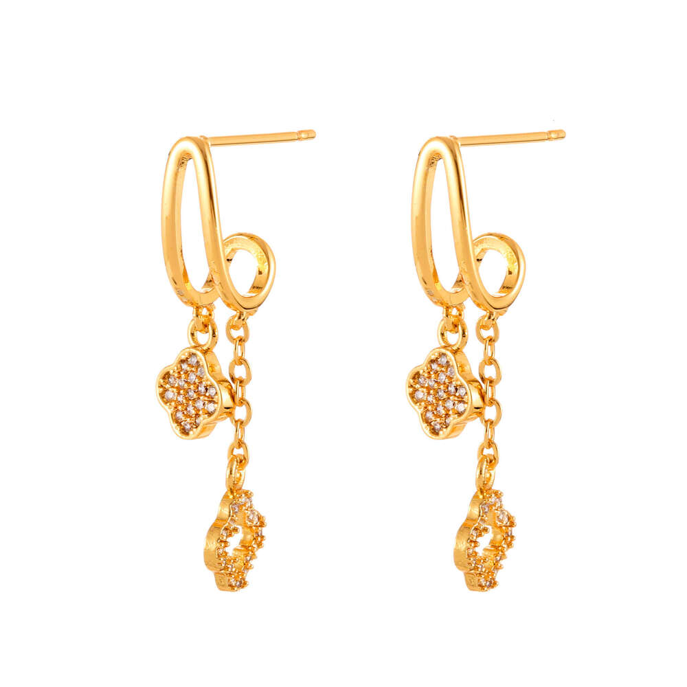 2025 Hot Luxury jewelry designer earrings with geometric hollow zirconia 4-leaf flower tassel earrings copper plated gold high-end light luxury earrin
