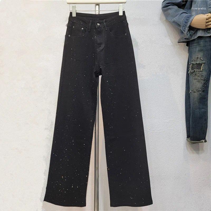 Women's Jeans 2025 Fashion Summer High Waist Single Sided Full Rhinestone Black Straight Wide Leg Denim Pants Z260313