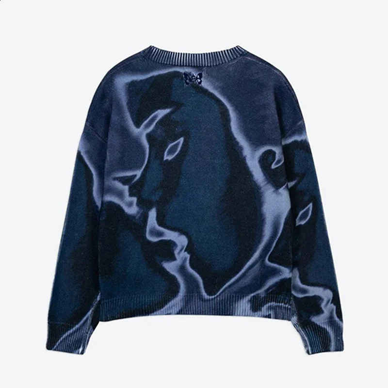 Male Harajuku Knitwear Street Y2k Tie Dye O Neck Knitted Pullover Mens Trendy Contrast Long Sleeve Sweater Jumper Unisex 250805