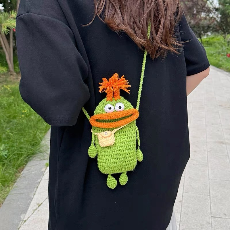 Autumn New Crochet Sausage Mouth Phone Bag Hand Woven Ugly Cute Women's Children's Crossbody Bag Coin Wallet Autumn Niche Design New Designe