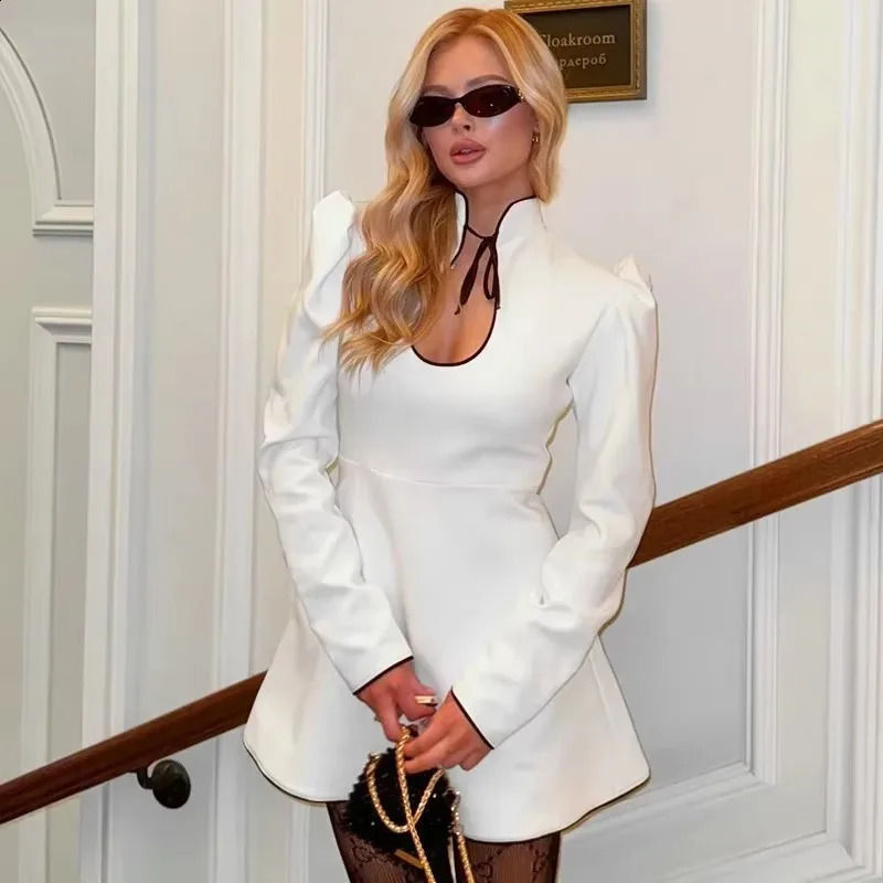 Tuularose White Lace Up Short Dress Womens Elegant Stand Collar Long Sleeve Slim A Line Party Evening Gown Retro Summer Dress 250811