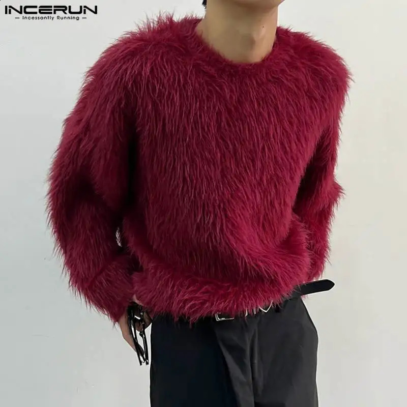 INCERUN Tops Korean Style Handsome Mens Loose Faux Plush Fabric Pullover Casual Streetwear Solid Long Sleeved Sweater S-5XL 250805