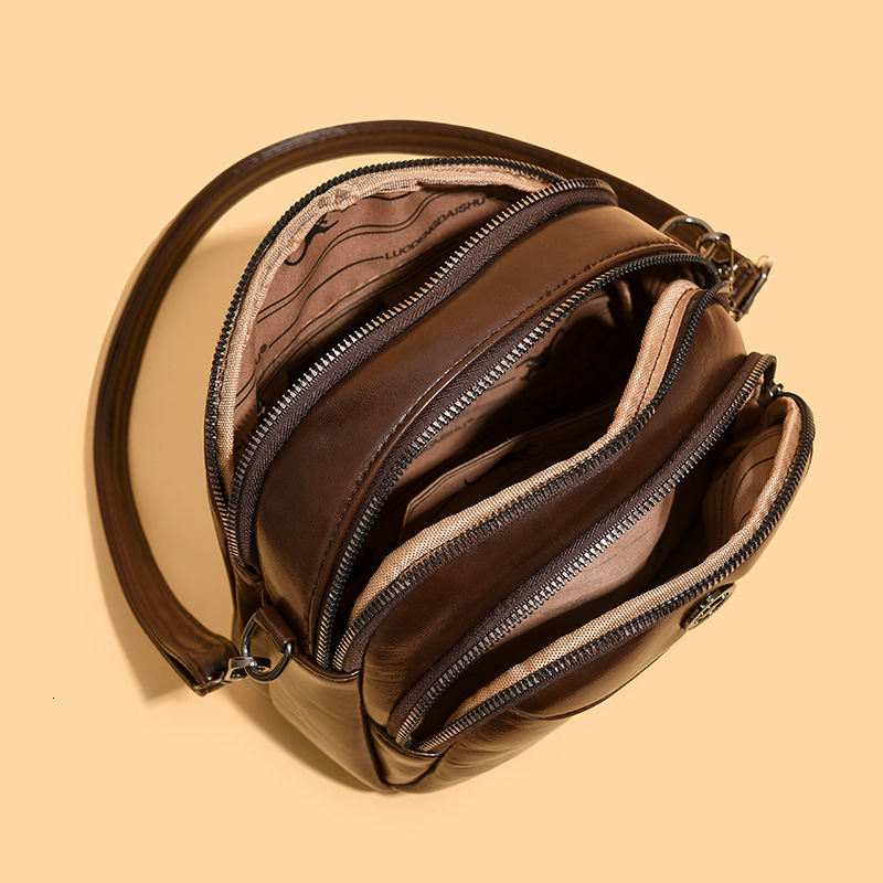 Oil Wax Leather Small Round for Women, New Simple Versatile Three-Layer Large Capacity Shoulder Crossbody Bag ddmymoon